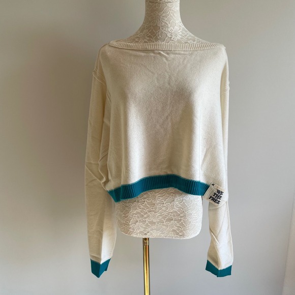 We The Free Sweaters - We The Free Cream Blue Cropped Knit Sweater Long Sleeve Casual Womens Size L Nwt